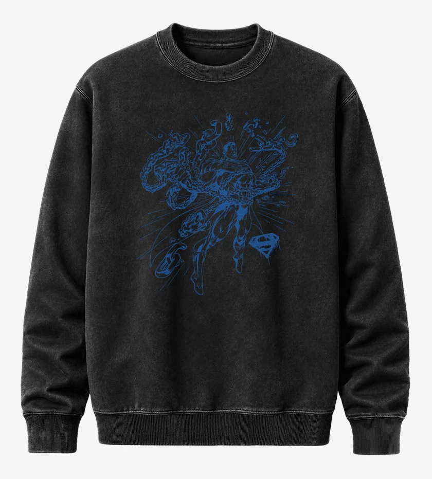 Poleron Polo Acid Wash Negro de Superman Rompiendo Cadenas