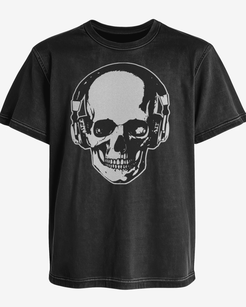 Polera desgastada Negro de Calavera Audifonos