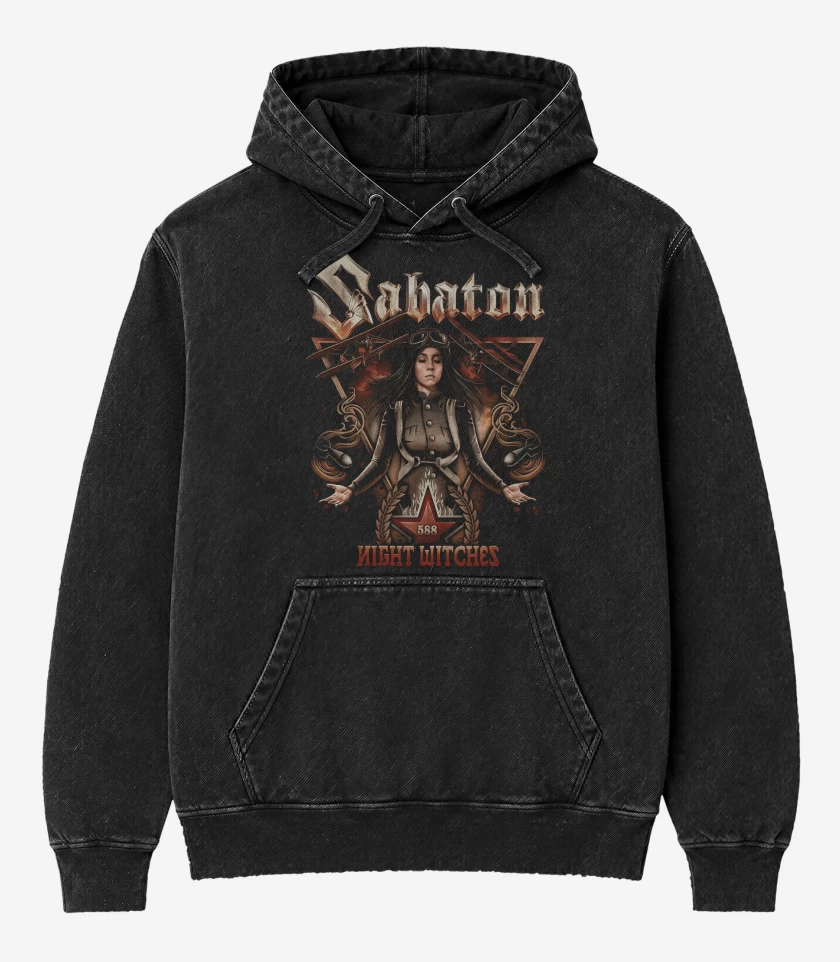 Poleron Canguro Acid Wash Negro de Sabaton Night Witches