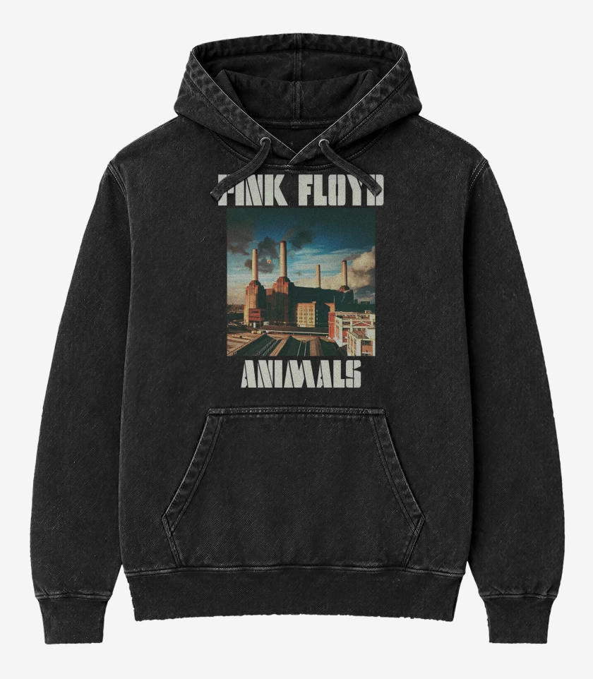 Poleron Canguro Acid Wash Negro de Pink Floyd Animals
