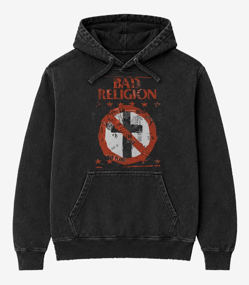 Poleron Canguro Acid Wash Negro de Bad Religion Cruz
