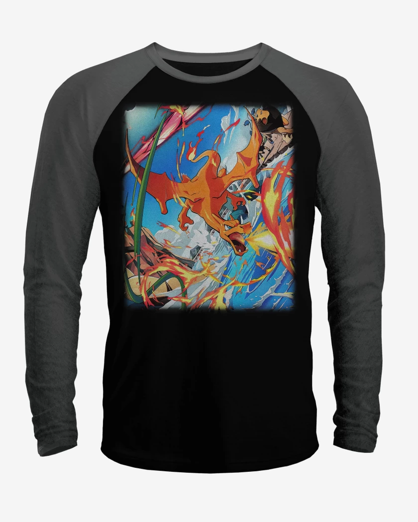 Polera Raglan Negro / Negro Heather de Charizard TCG Pocket