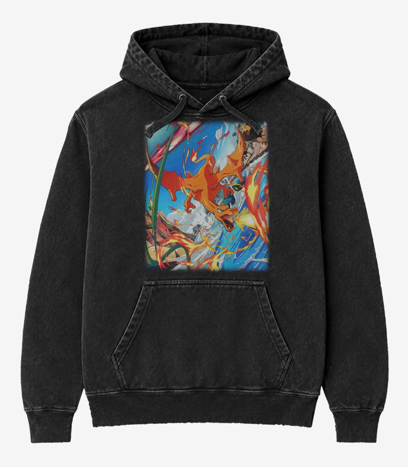 Poleron Canguro Acid Wash Negro de Charizard TCG Pocket