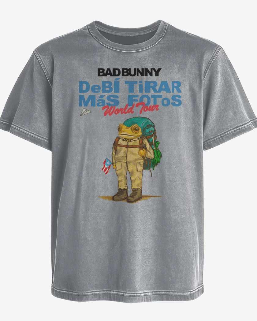 Polera desgastada Gris Melange de Bad Bunny World Tour
