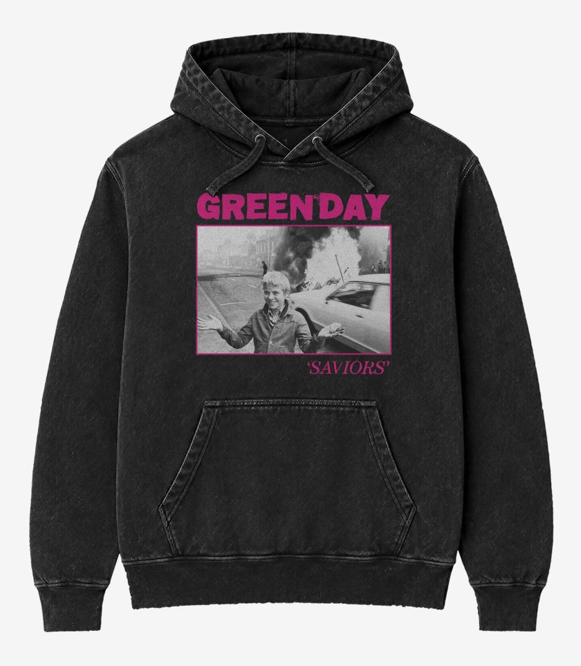 Poleron Canguro Acid Wash Negro de Green Day Saviors