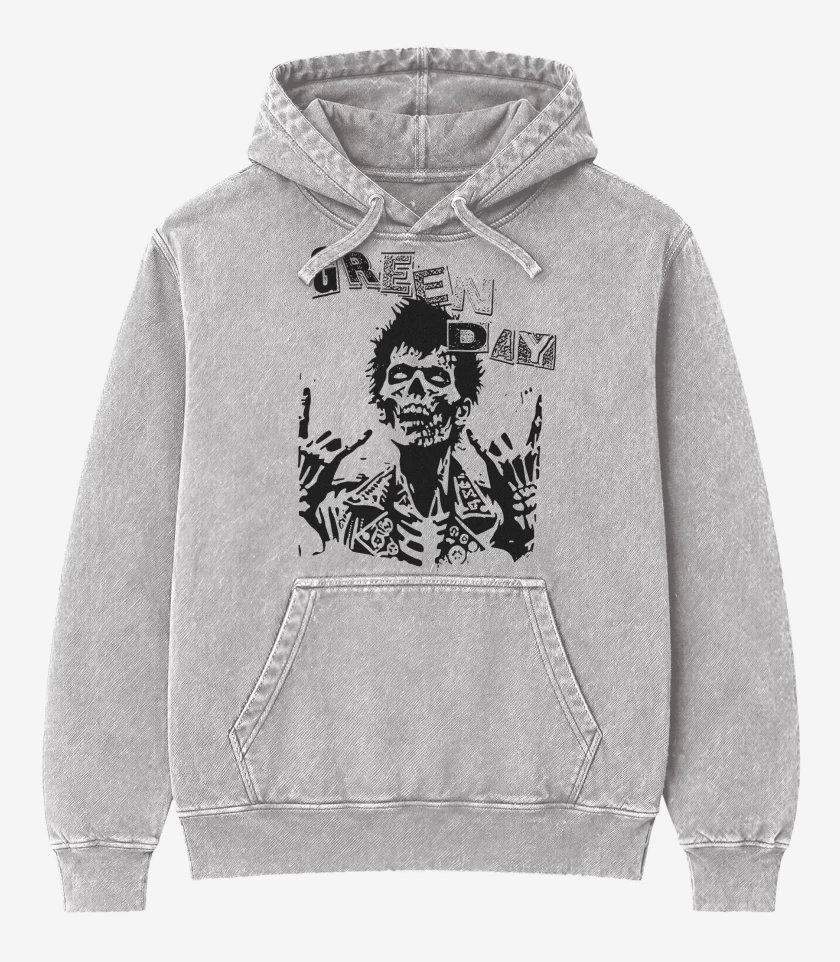 Poleron Canguro Acid Wash Gris Melange de Green Day Zombie Punk
