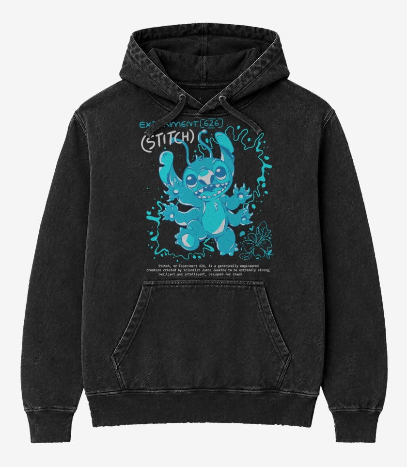 Poleron Canguro Acid Wash Negro de Experimento 626 Stitch
