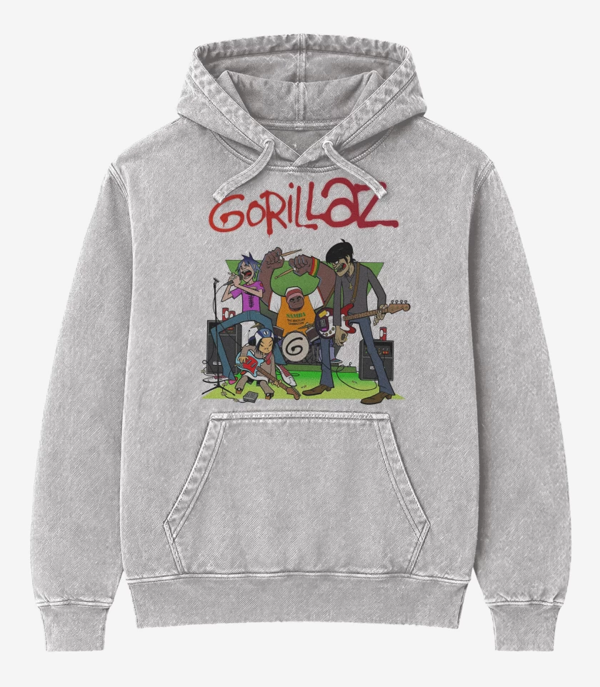 Poleron Canguro Acid Wash Gris Melange de Gorillaz Band