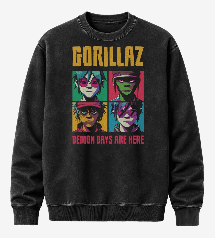 Poleron Polo Acid Wash Negro de Gorillaz Demon Days Are Here