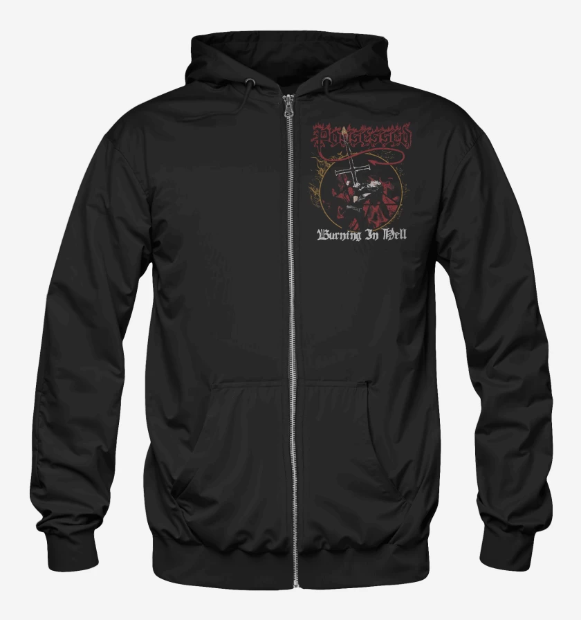 Poleron Canguro con cierre Negro de Possessed Burning in Hell