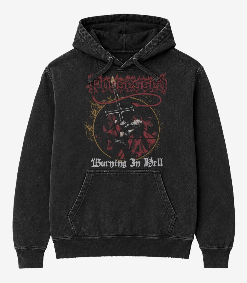 Poleron Canguro Acid Wash Negro de Possessed Burning in Hell