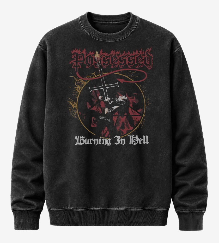 Poleron Polo Acid Wash Negro de Possessed Burning in Hell