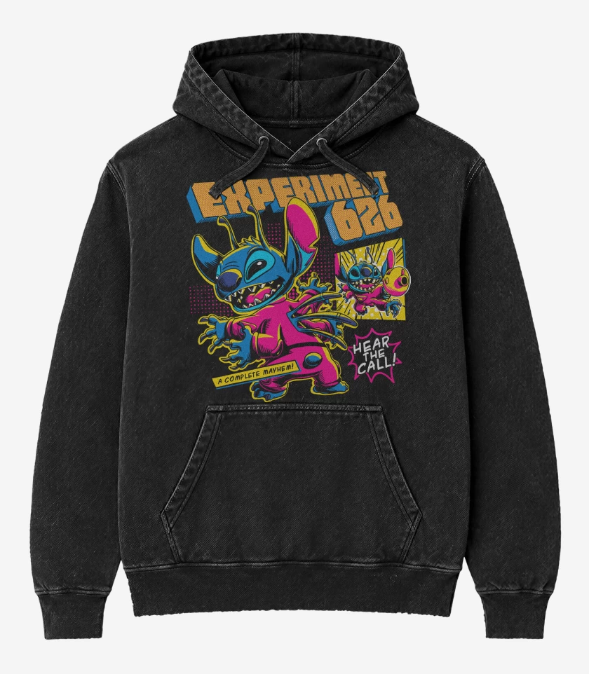 Poleron Canguro Acid Wash Negro de Stitch Hear the Call