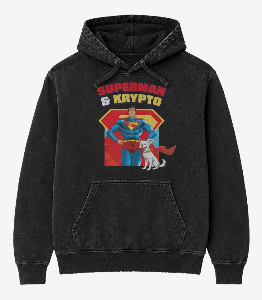 Poleron Canguro Acid Wash Negro de New Superman and New Krypto