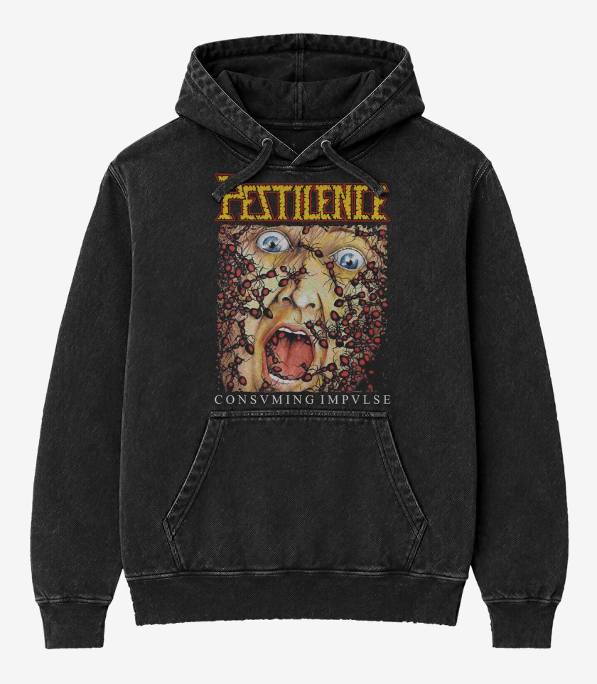 Poleron Canguro Acid Wash Negro de Pestilence Consuming Impulse