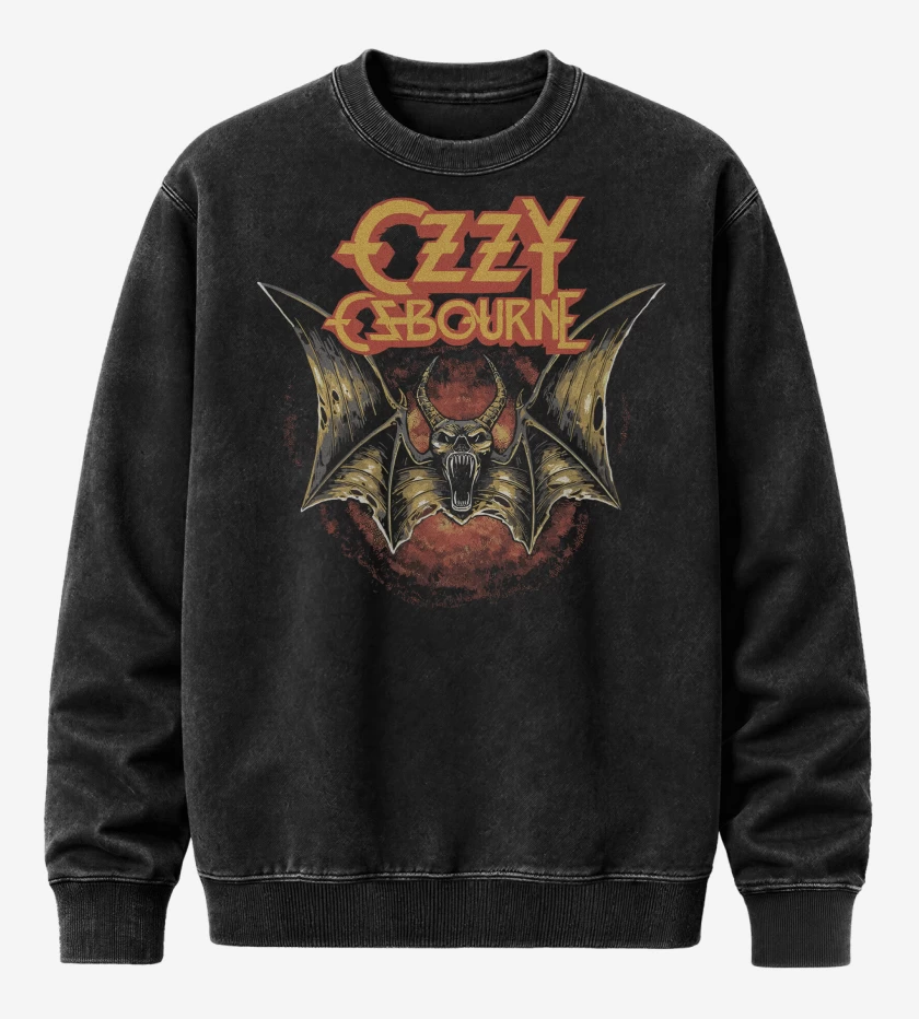 Poleron Polo Acid Wash Negro de Ozzy Osbourne Logo Murcielago