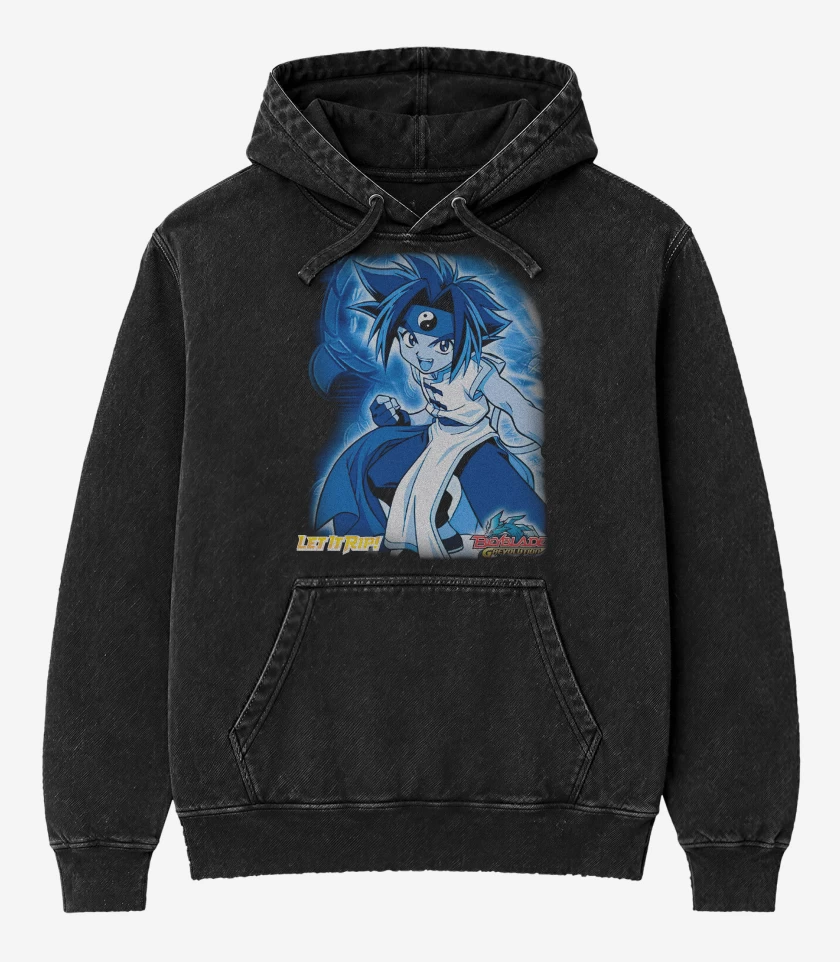 Poleron Canguro Acid Wash Negro de Ray Kon Beyblade