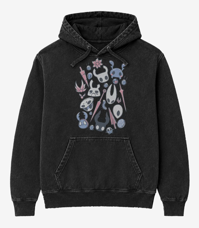 Poleron Canguro Acid Wash Negro de Hollow Knight Insectos