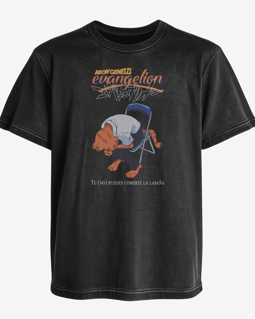 Polera desgastada Negro de Neon Genesis Evangelion Gardfield Lasaña