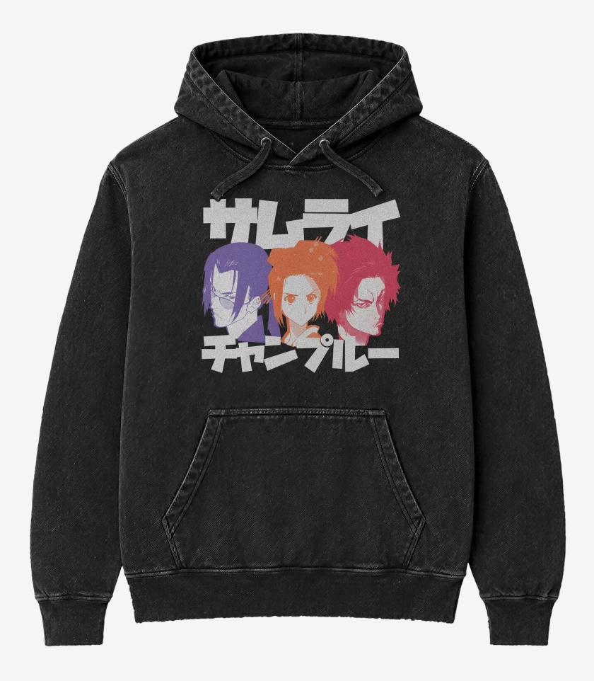 Poleron Canguro Acid Wash Negro de Samurai Champloo Bandidos