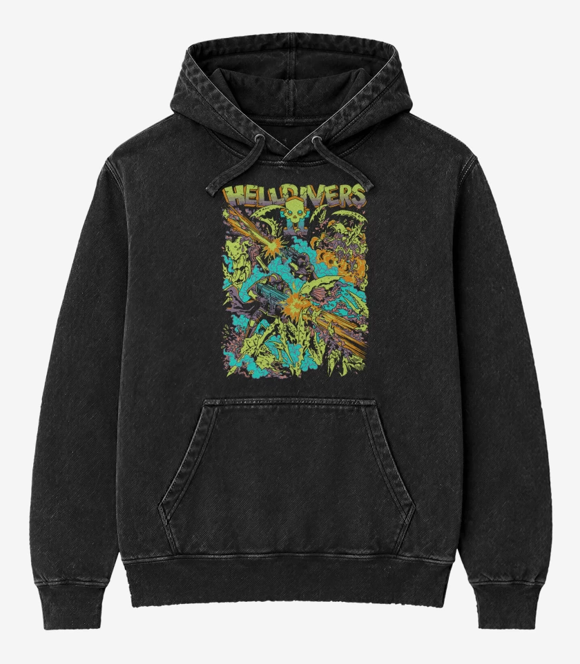 Poleron Canguro Acid Wash Negro de Helldivers 2 For Democracy