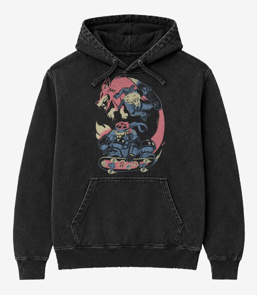 Poleron Canguro Acid Wash Negro de Metal Gear Solid Skate