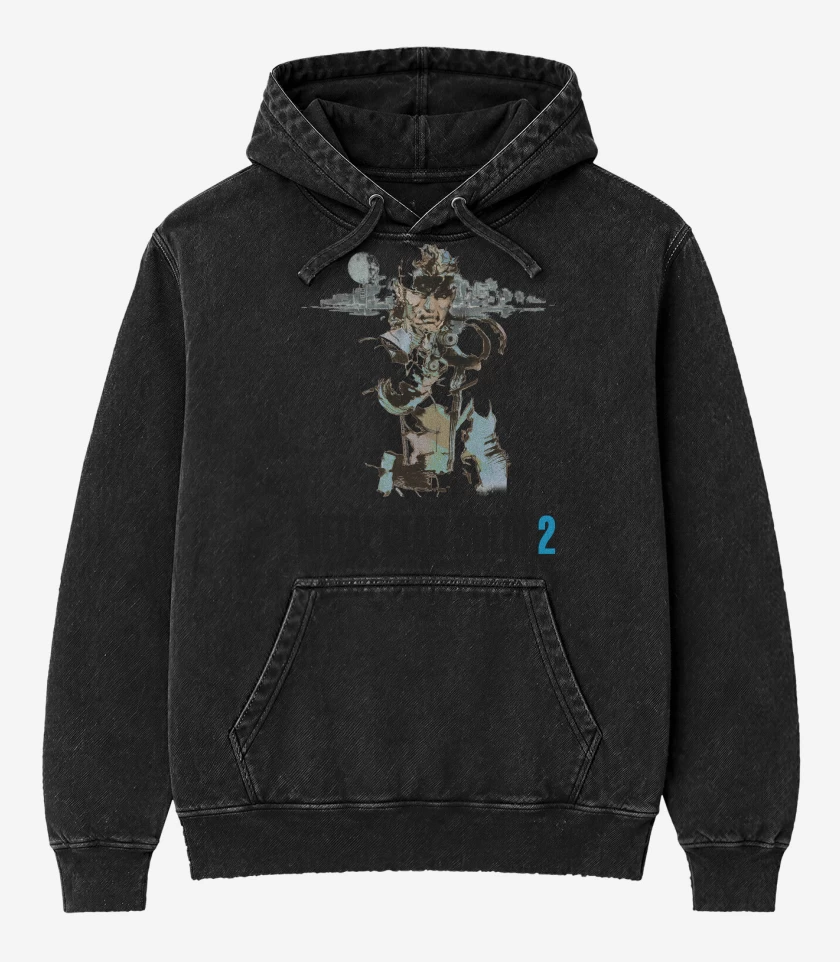 Poleron Canguro Acid Wash Negro de Metal Gear Solid 2 Sons of Liberty Solid Snak