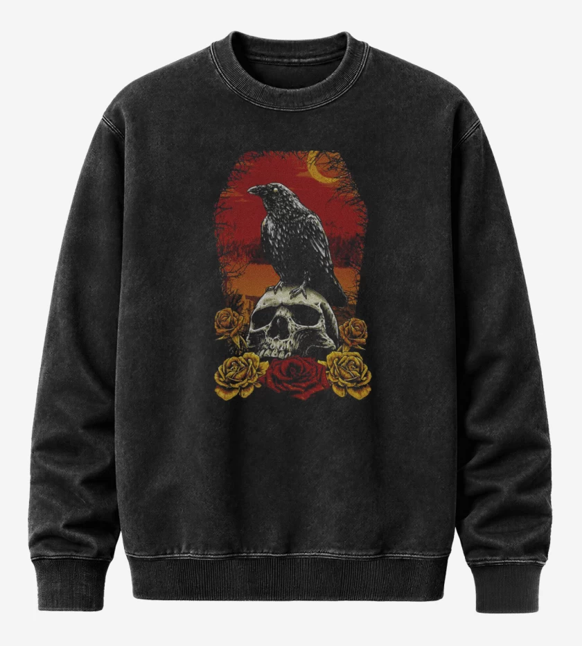 Poleron Polo Acid Wash Negro de Crow and Skull