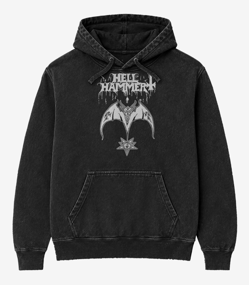 Poleron Canguro Acid Wash Negro de Satanic Rites Hellhammer