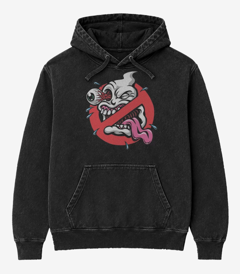 Poleron Canguro Acid Wash Negro de Ghost buster impresion directa