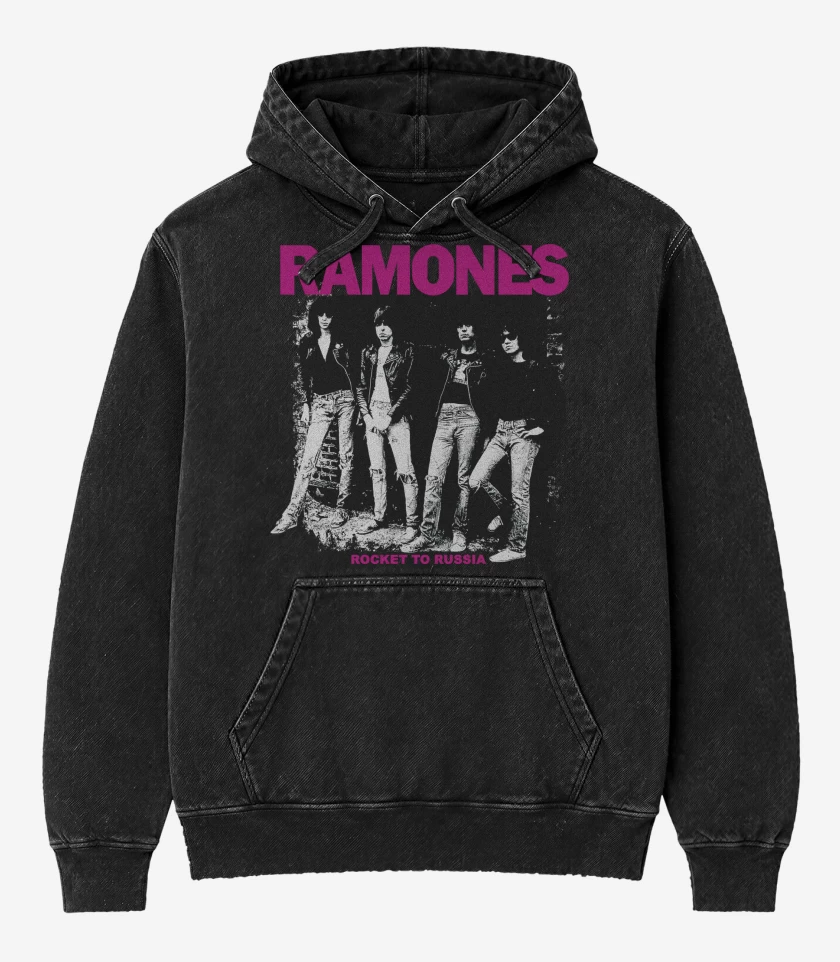 Poleron Canguro Acid Wash Negro de Ramones Rocket to Russia 