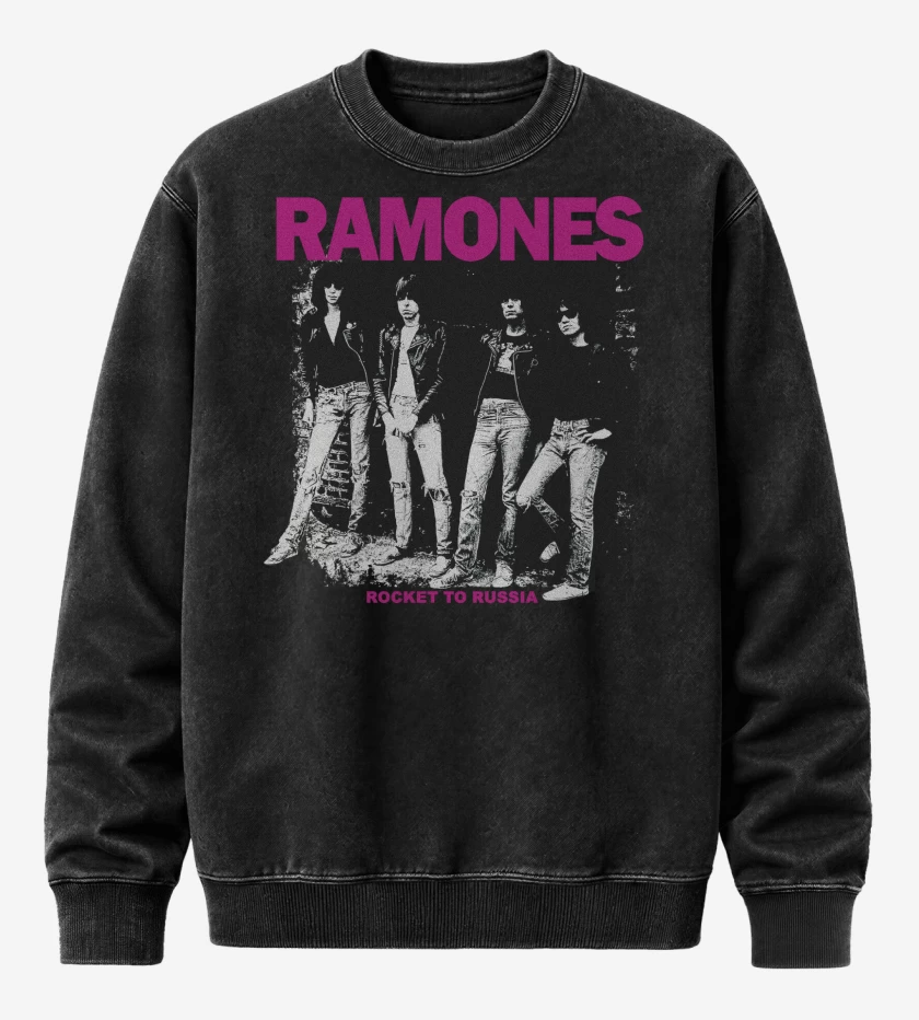 Poleron Polo Acid Wash Negro de Ramones Rocket to Russia 