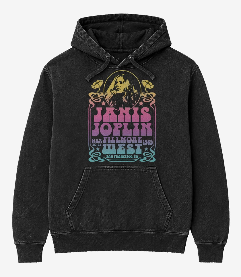 Poleron Canguro Acid Wash Negro de Janis Joplin Fillmore West Color