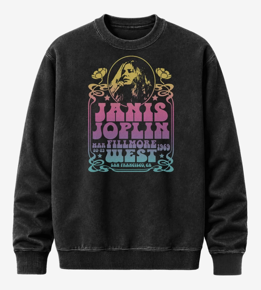 Poleron Polo Acid Wash Negro de Janis Joplin Fillmore West Color