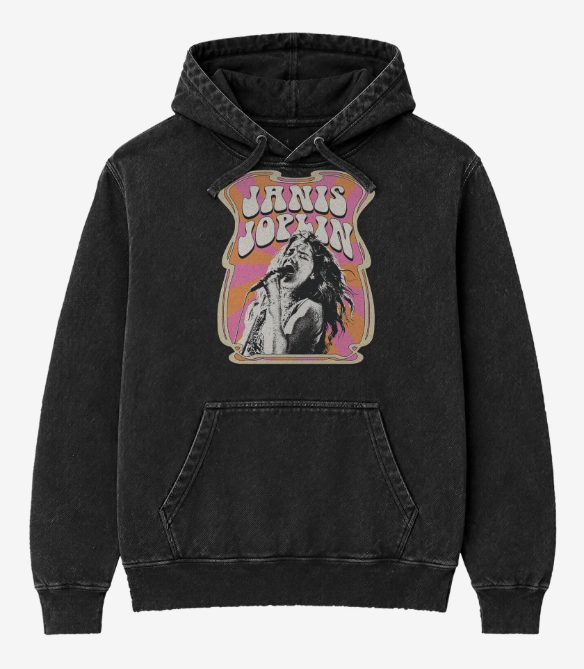 Poleron Canguro Acid Wash Negro de Janis Joplin Hippie