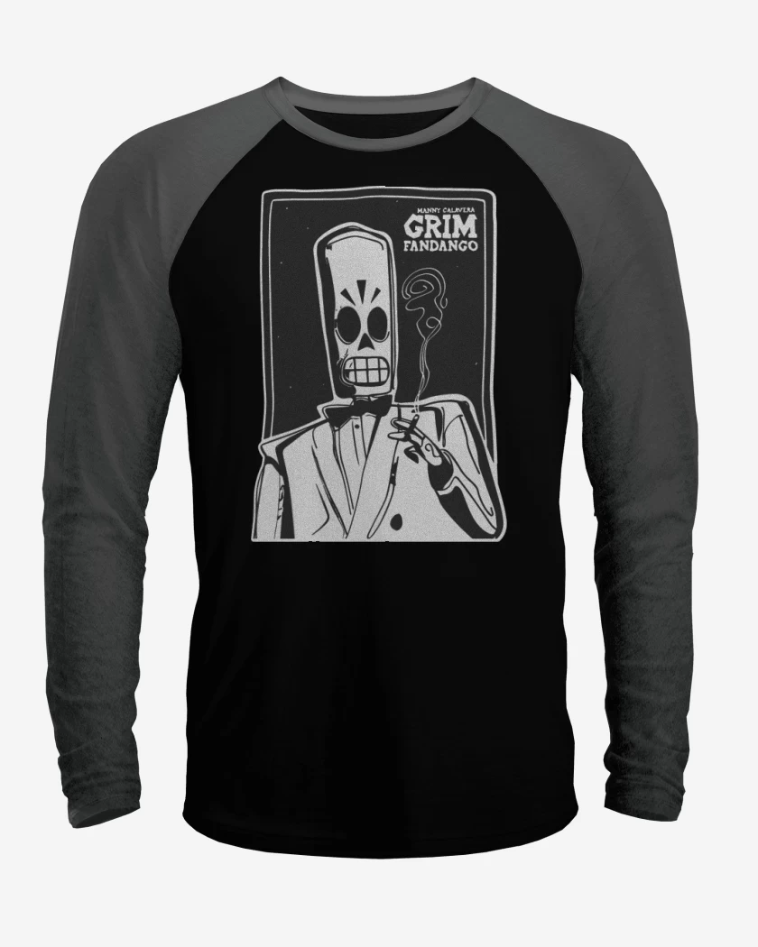 Polera Raglan Negro / Negro Heather de Grim Fandango - Manny Calavera