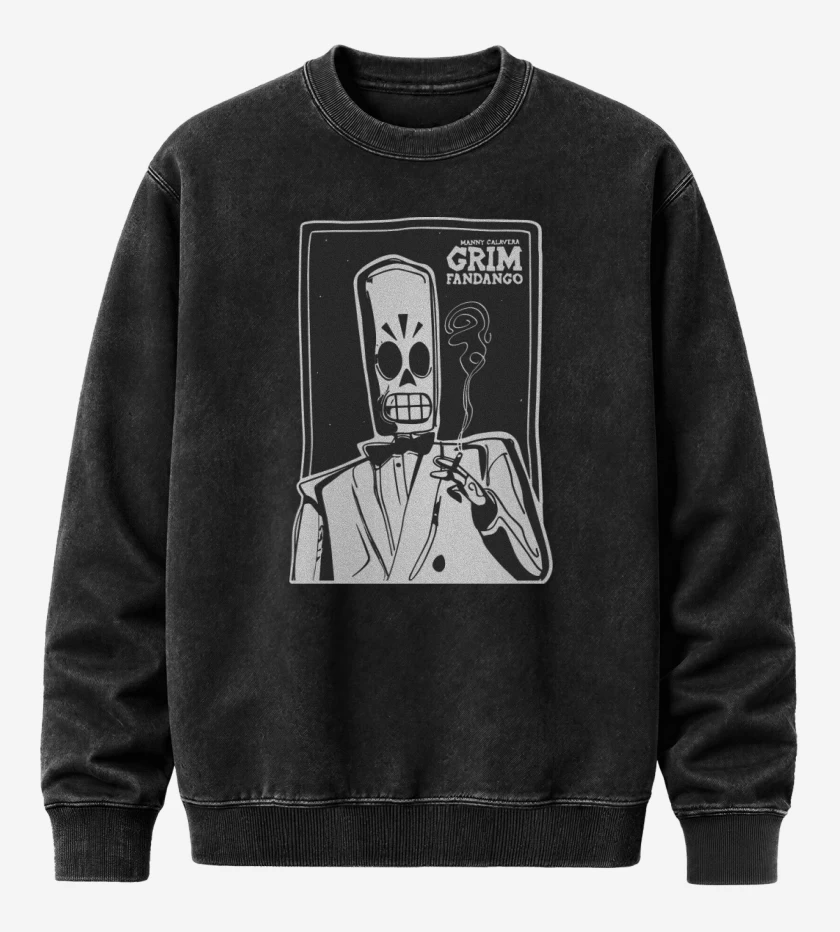 Poleron Polo Acid Wash Negro de Grim Fandango - Manny Calavera