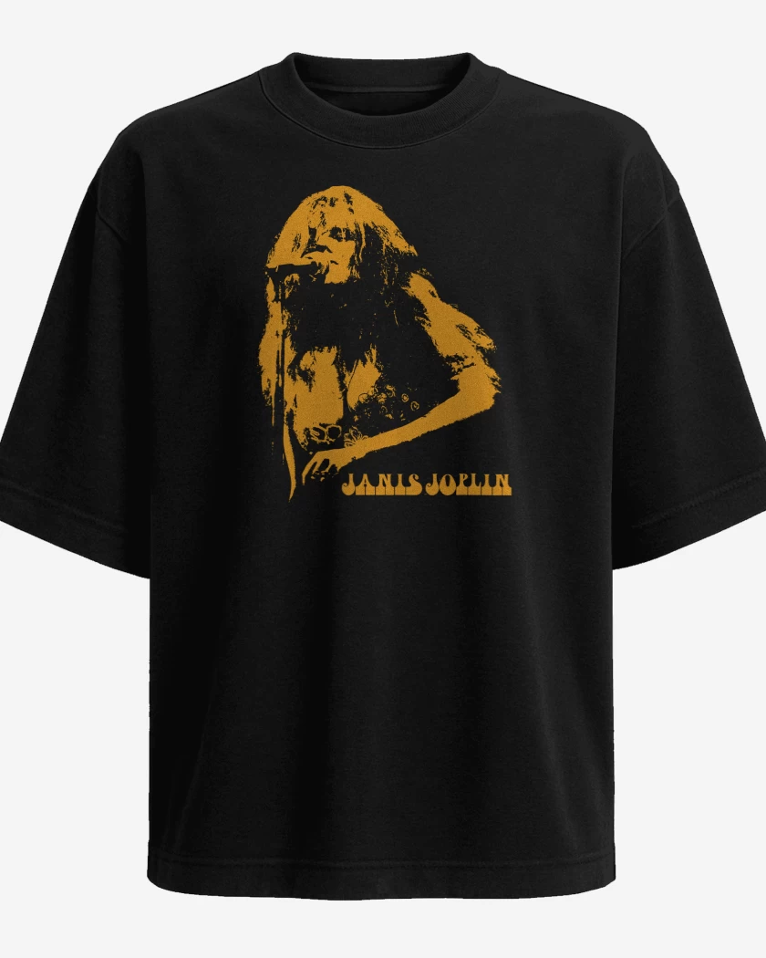 Polera Oversize Negro de Janis Joplin Cantando