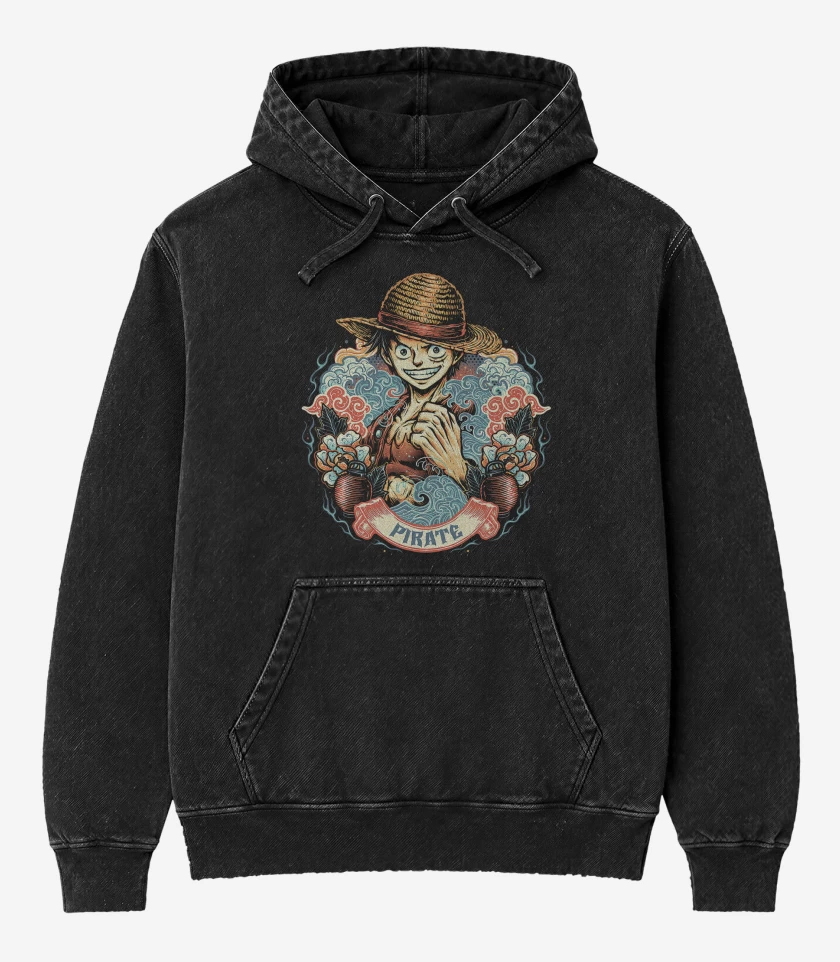 Poleron Canguro Acid Wash Negro de Luffy Pirata Legendario