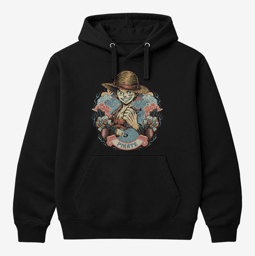 Polerón Canguro Negro de Luffy Pirata Legendario