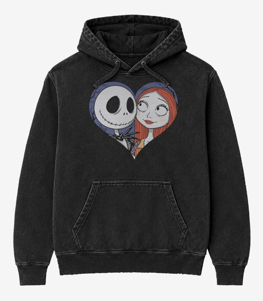 Poleron Canguro Acid Wash Negro de Jack Skellington Corazon