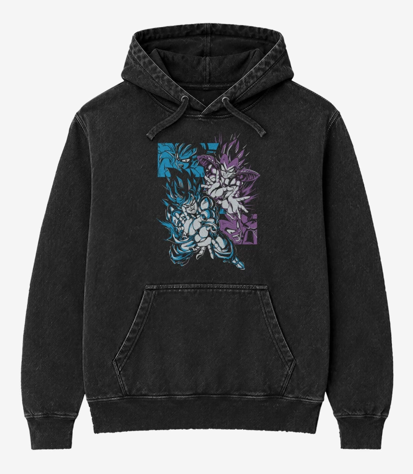 Poleron Canguro Acid Wash Negro de Kamehame vs Galick Gun