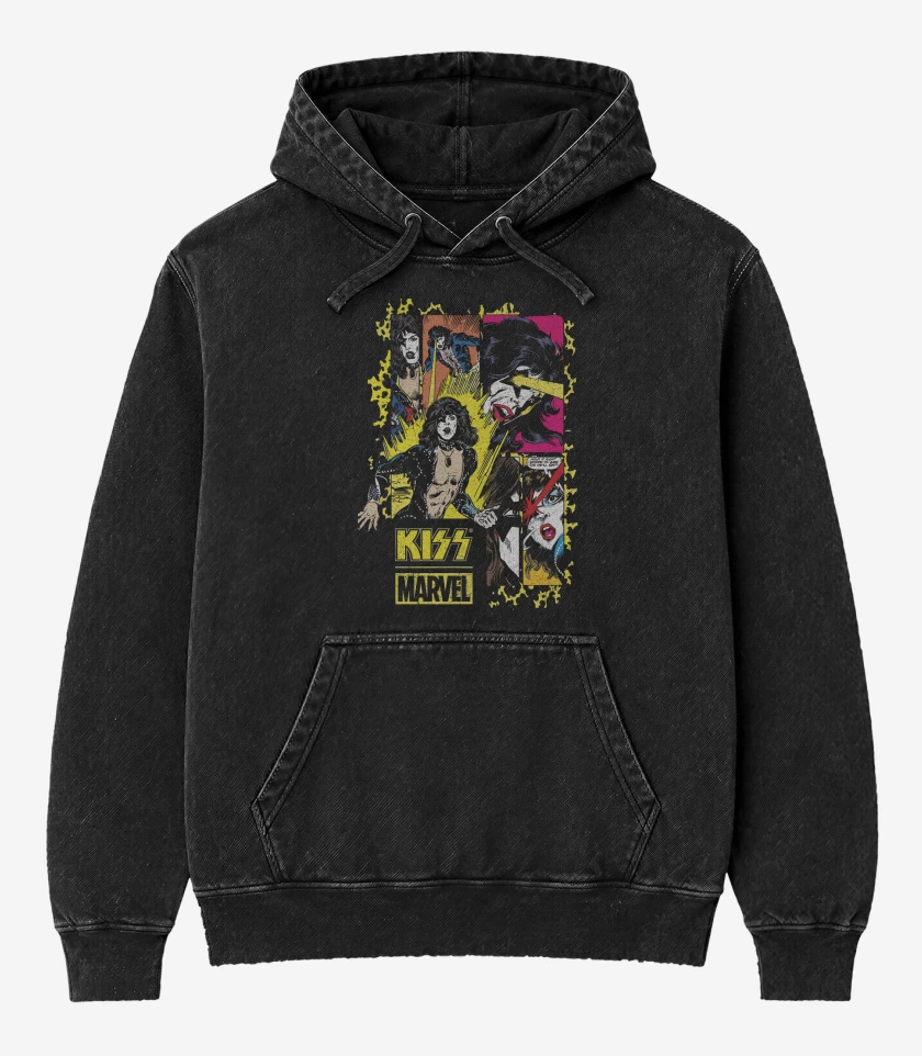 Poleron Canguro Acid Wash Negro de Kiss Marvel