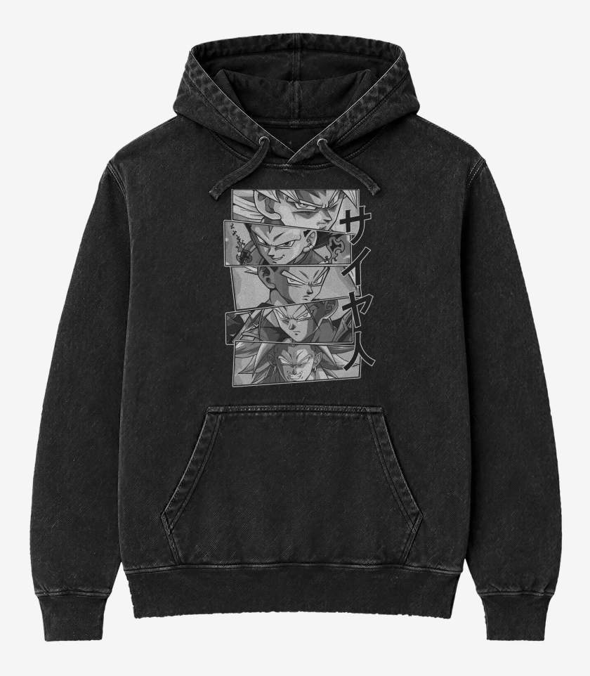 Poleron Canguro Acid Wash Negro de Heroes Saiyajines 