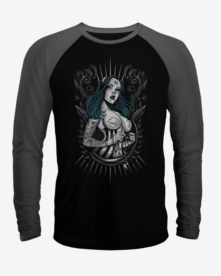 Polera Raglan Negro / Negro Heather de Skull sugar full color