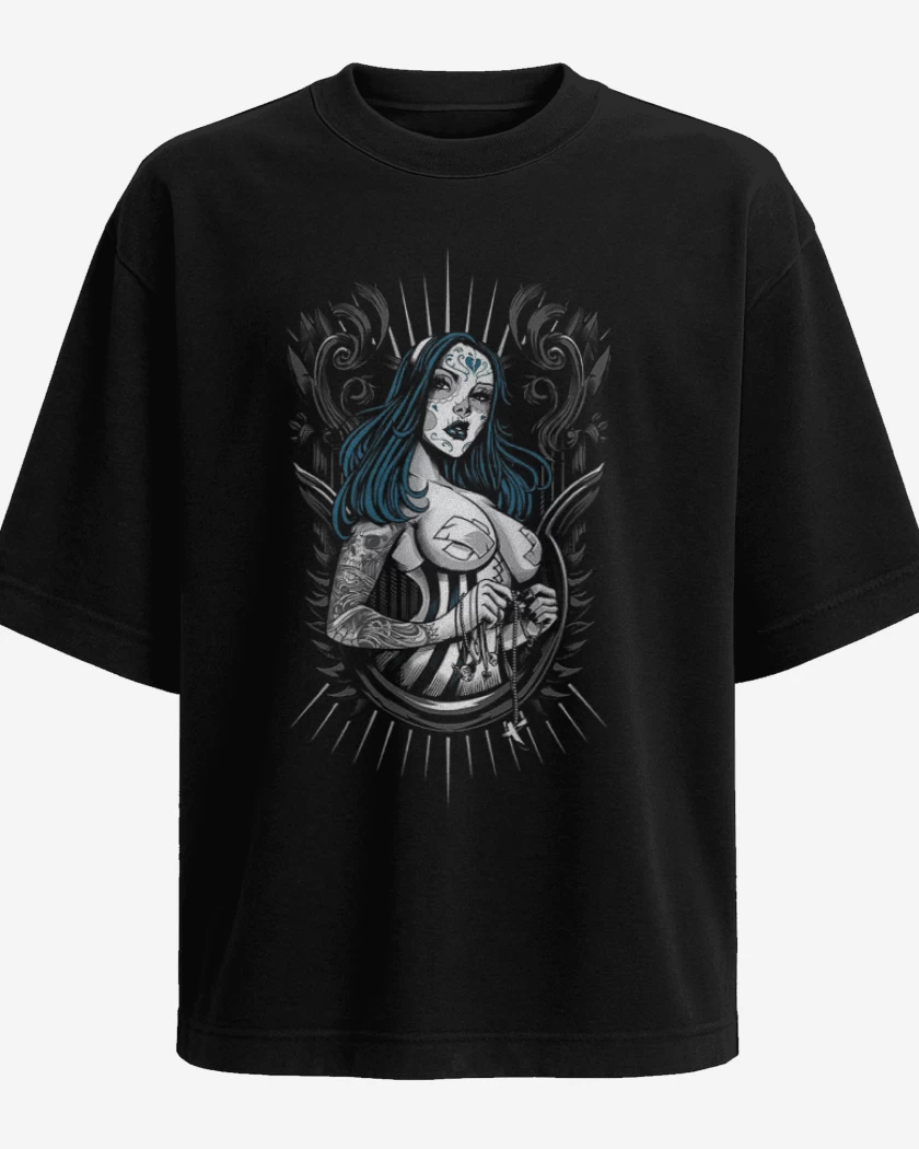 Polera Oversize Negro de Skull sugar full color