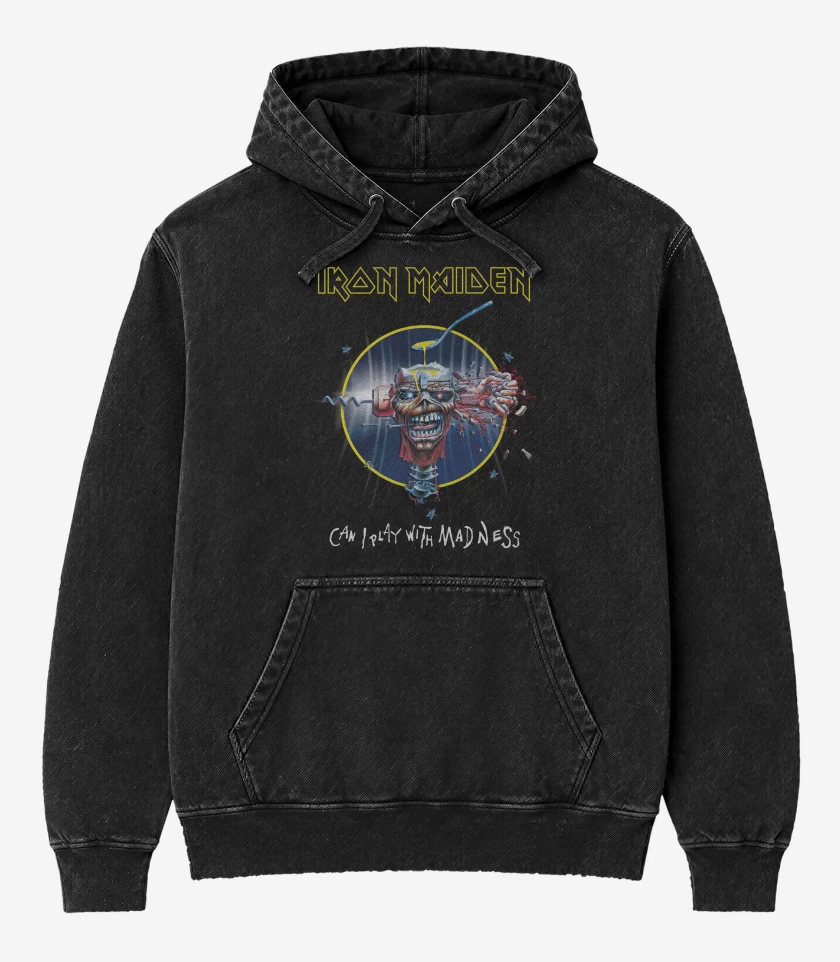 Poleron Canguro Acid Wash Negro de Iron Maiden Can I Play with Madeness