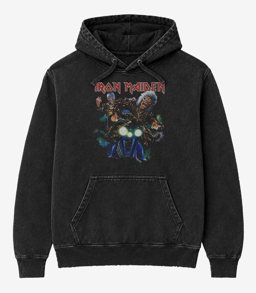 Poleron Canguro Acid Wash Negro de Iron Maiden Eddie Motor