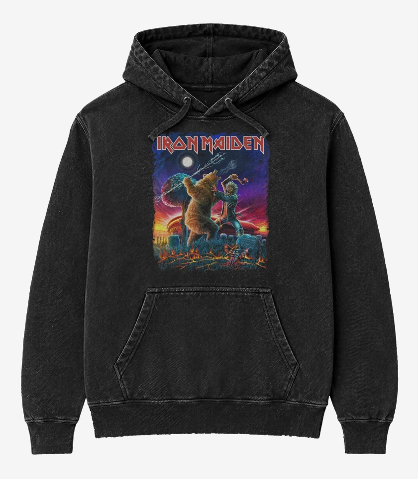 Poleron Canguro Acid Wash Negro de Iron Maiden Madrid