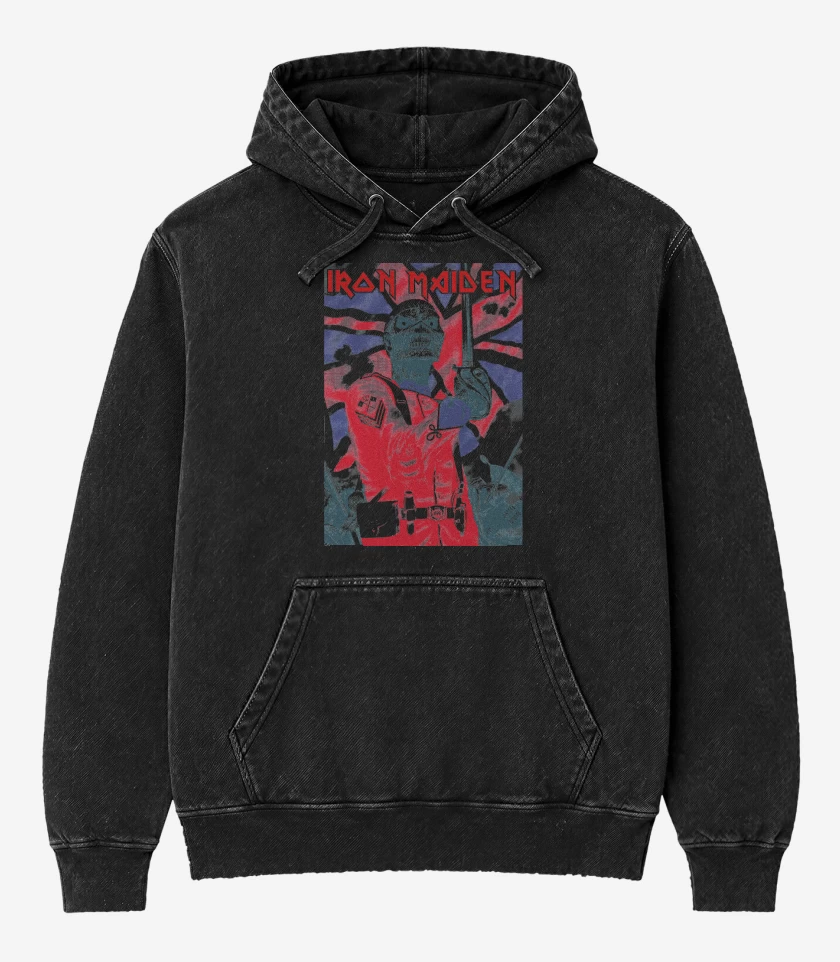 Poleron Canguro Acid Wash Negro de Iron Maiden EDDIE Soldier